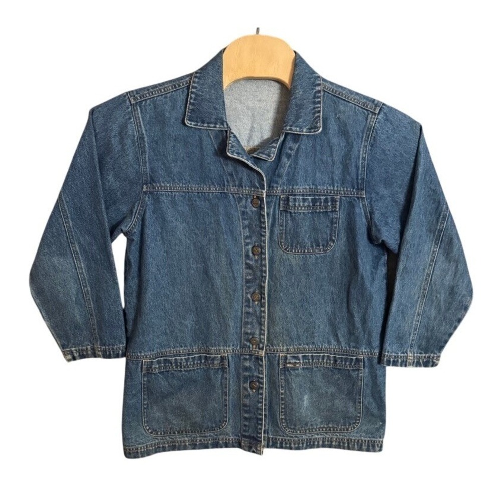 Erika & Co Blue Denim Chore Jacket Button Front Medium Wash Utility Coat Women S
